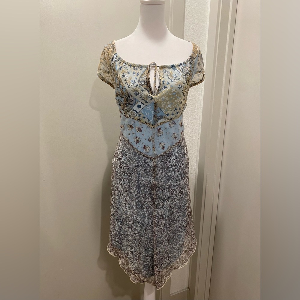 VTG 90s Y2K G-dresses Fairycore Whimsical Boho Blue Beige Paisley Floral Dress